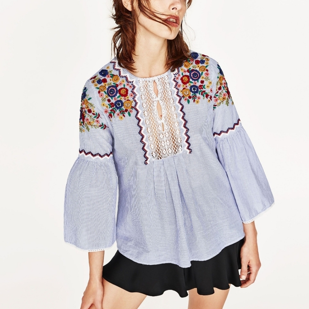 ZARA - STRIPED BLOUSE WITH EMBROIDERY
